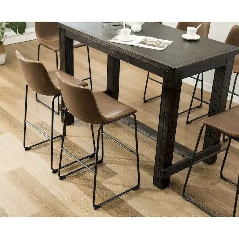 Table en bois noir antique 7 pièces Lotusville de Roundhill Furniture avec tabourets de bar en similicuir