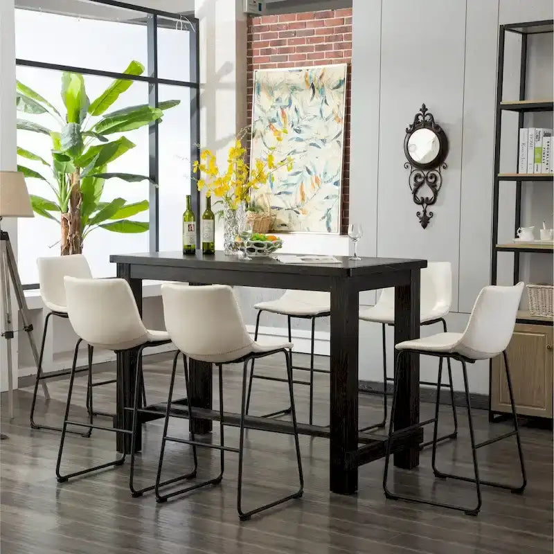 Table en bois noir antique 7 pièces Lotusville de Roundhill Furniture avec tabourets de bar en similicuir