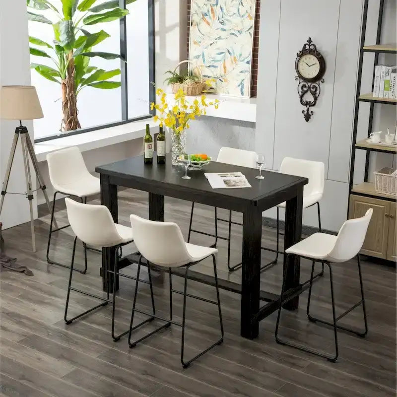 Table en bois noir antique 7 pièces Lotusville de Roundhill Furniture avec tabourets de bar en similicuir
