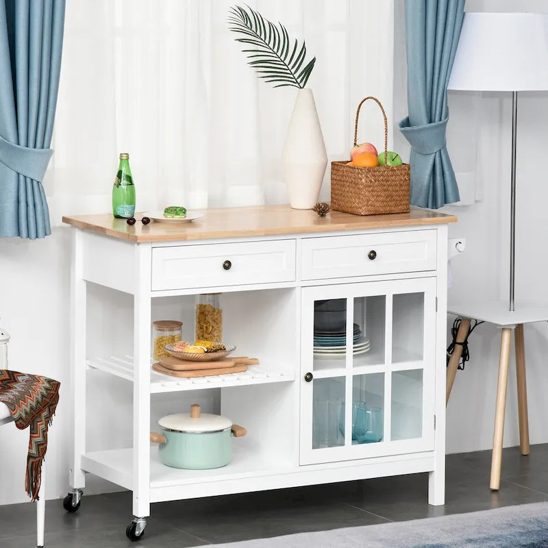 Chariot de rangement utilitaire HOMCOM pour îlot de cuisine avec plateau en bois d'hévéa, porte-serviettes, 2 armoires et tiroirs pour salle à manger