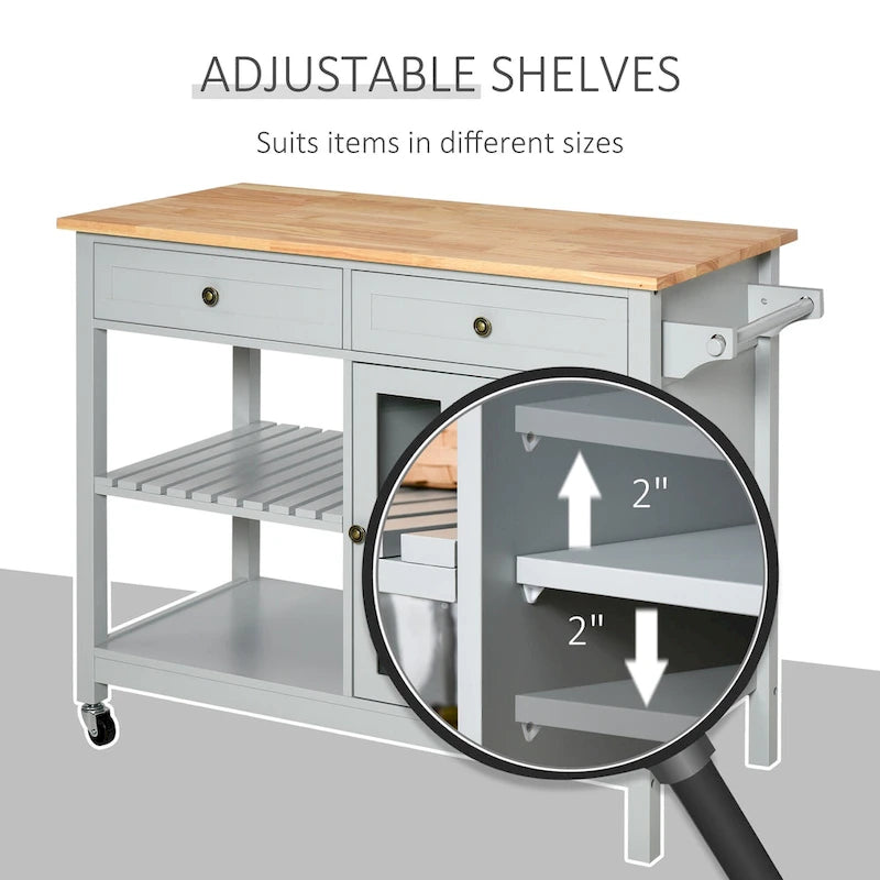 Chariot de rangement utilitaire HOMCOM pour îlot de cuisine avec plateau en bois d'hévéa, porte-serviettes, 2 armoires et tiroirs pour salle à manger