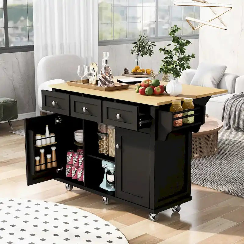 Îlot de cuisine de 53 po en bois d'hévéa à abattant sur 5 roulettes avec meuble de rangement et 3 tiroirs - 53