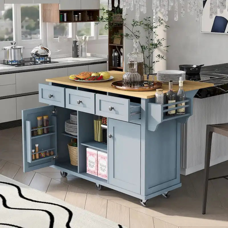 Îlot de cuisine de 53 po en bois d'hévéa à abattant sur 5 roulettes avec meuble de rangement et 3 tiroirs - 53