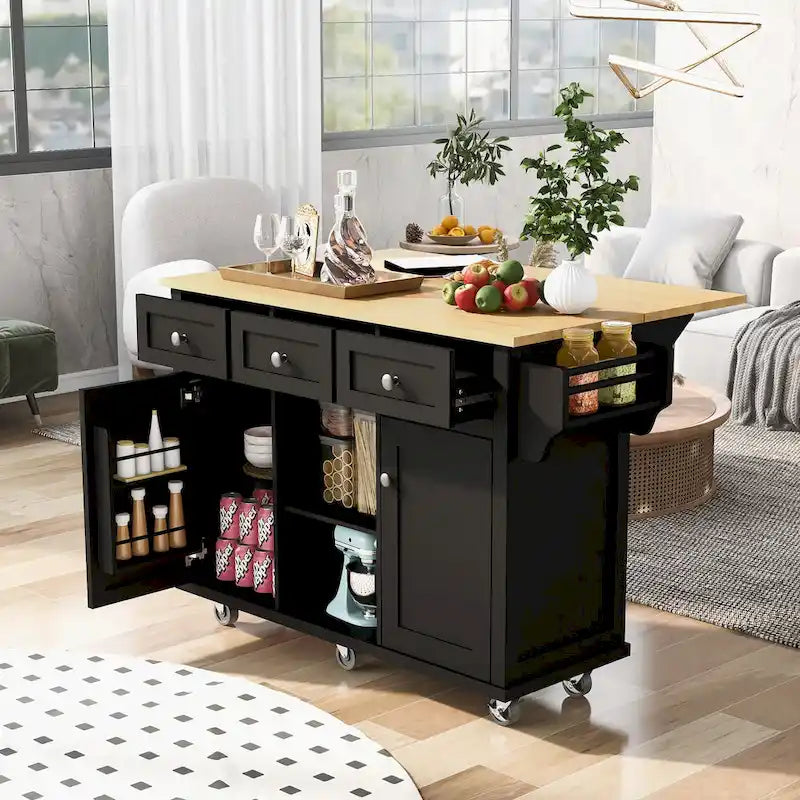 Îlot de cuisine de 53 po en bois d'hévéa à abattant sur 5 roulettes avec meuble de rangement et 3 tiroirs - 53