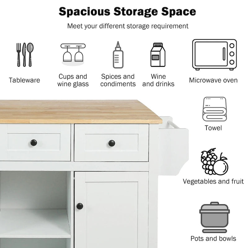 Îlot de cuisine de 53 po en bois d'hévéa à abattant sur 5 roulettes avec meuble de rangement et 3 tiroirs - 53