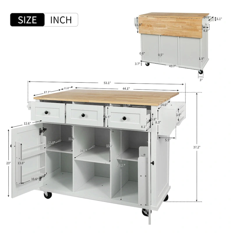 Îlot de cuisine de 53 po en bois d'hévéa à abattant sur 5 roulettes avec meuble de rangement et 3 tiroirs - 53