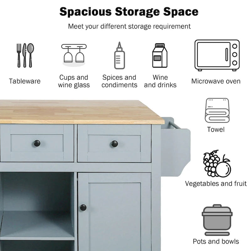 Îlot de cuisine de 53 po en bois d'hévéa à abattant sur 5 roulettes avec meuble de rangement et 3 tiroirs - 53