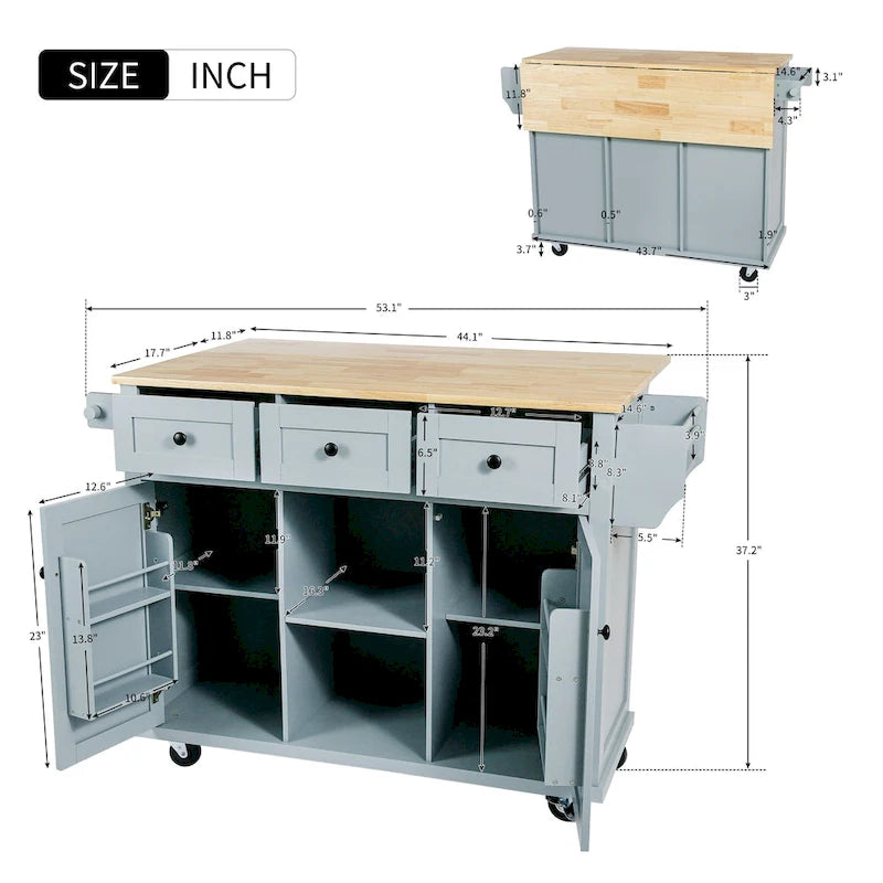 Îlot de cuisine de 53 po en bois d'hévéa à abattant sur 5 roulettes avec meuble de rangement et 3 tiroirs - 53