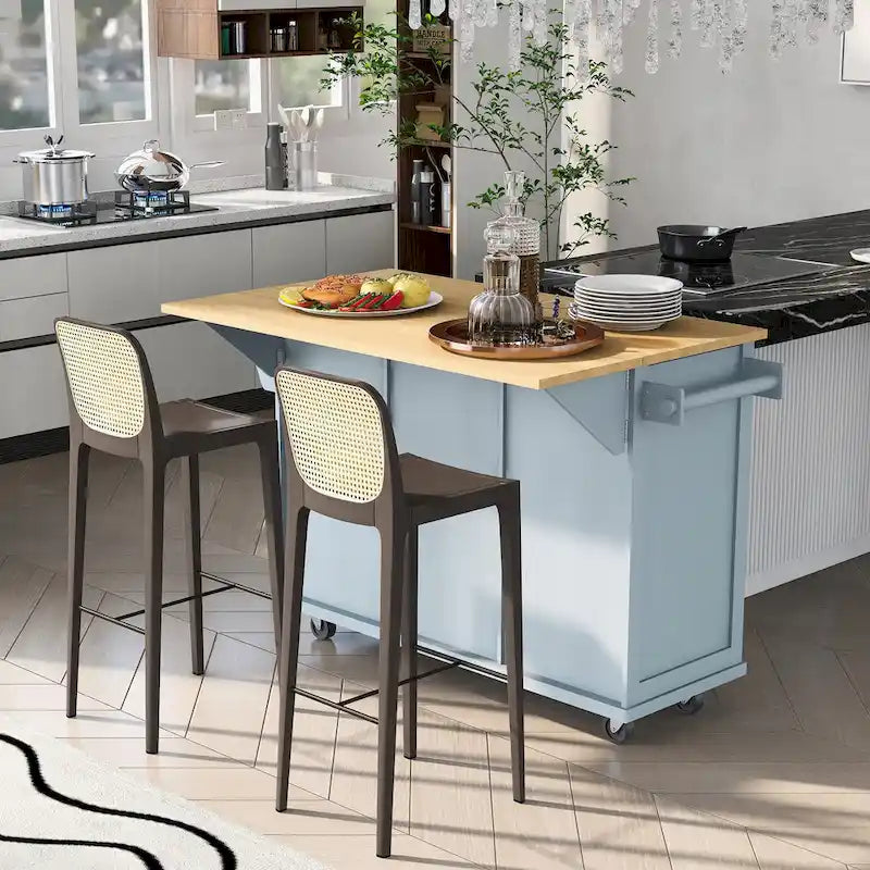 Îlot de cuisine de 53 po en bois d'hévéa à abattant sur 5 roulettes avec meuble de rangement et 3 tiroirs - 53