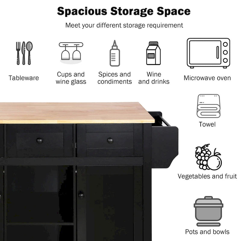 Îlot de cuisine de 53 po en bois d'hévéa à abattant sur 5 roulettes avec meuble de rangement et 3 tiroirs - 53