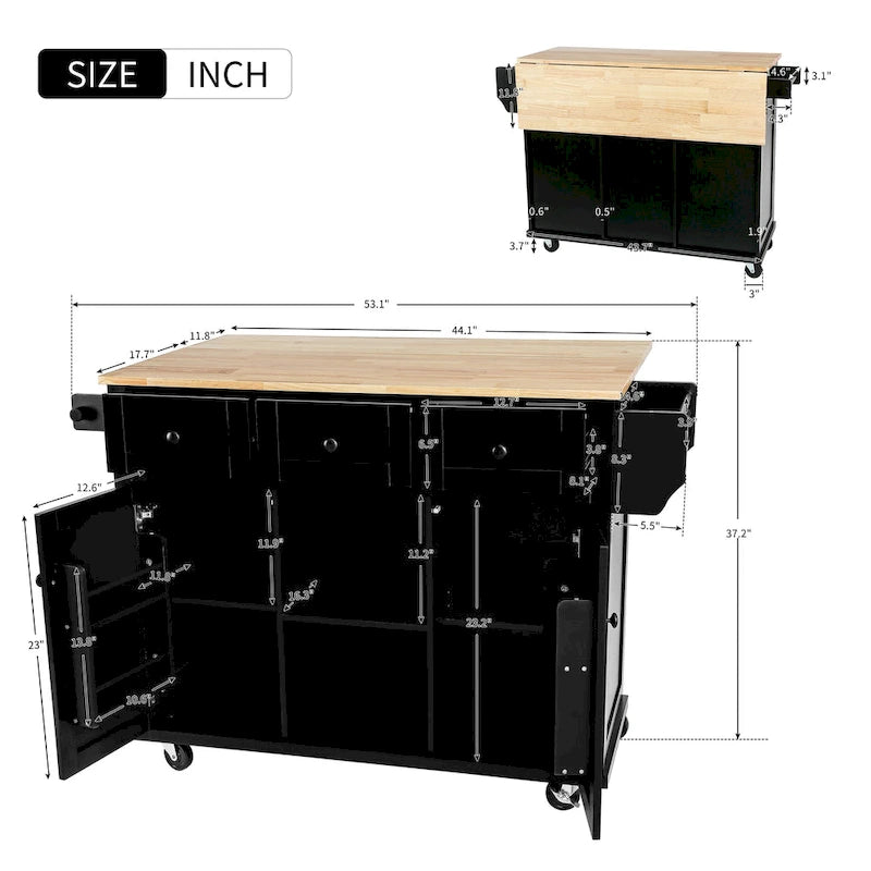 Îlot de cuisine de 53 po en bois d'hévéa à abattant sur 5 roulettes avec meuble de rangement et 3 tiroirs - 53