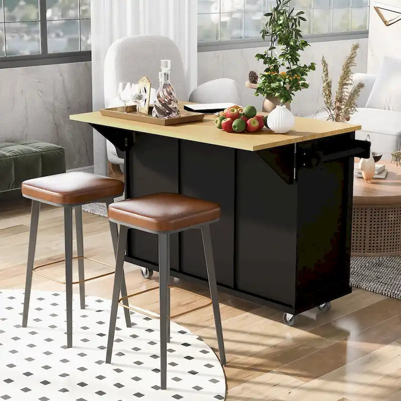 Îlot de cuisine de 53 po en bois d'hévéa à abattant sur 5 roulettes avec meuble de rangement et 3 tiroirs - 53