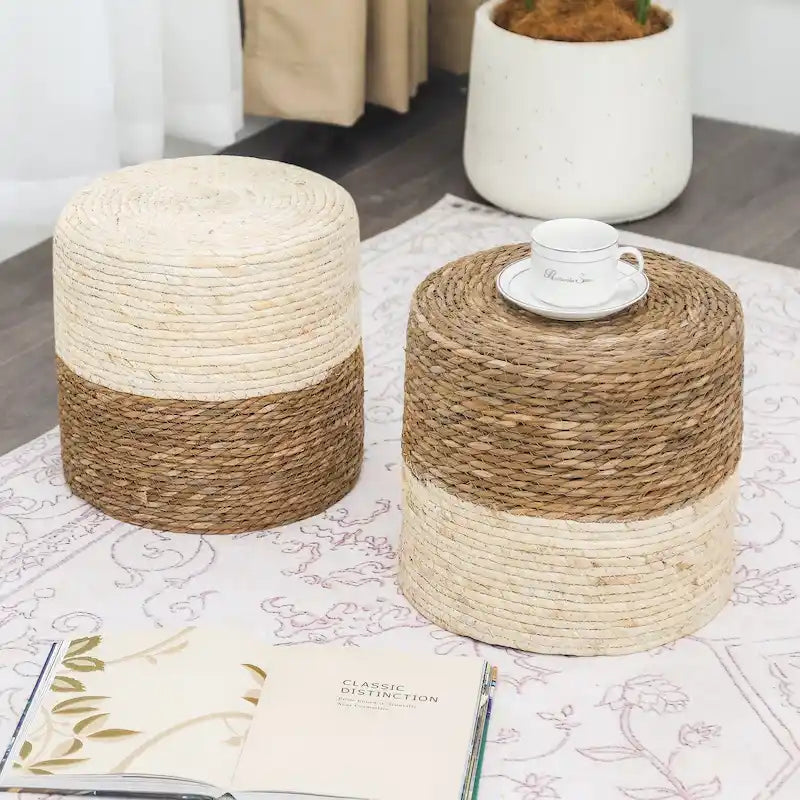 Adeco Lot de 2 poufs repose-pieds en quenouille naturelle tressée à la main