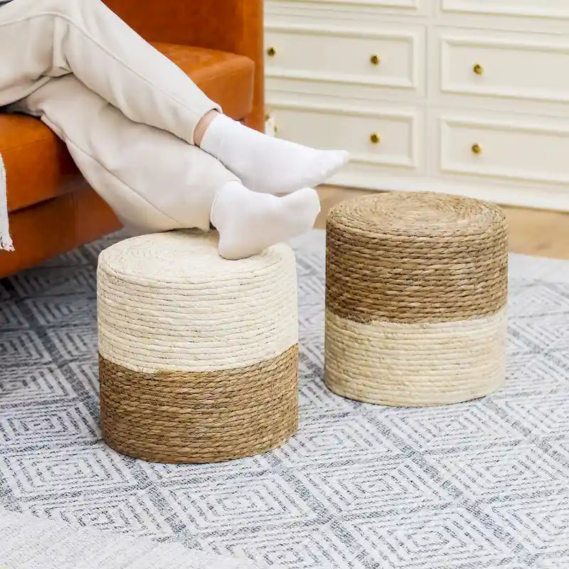 Adeco Lot de 2 poufs repose-pieds en quenouille naturelle tressée à la main