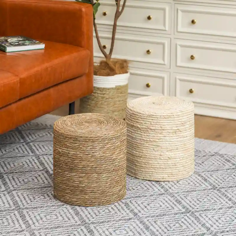 Adeco Lot de 2 poufs repose-pieds en quenouille naturelle tressée à la main