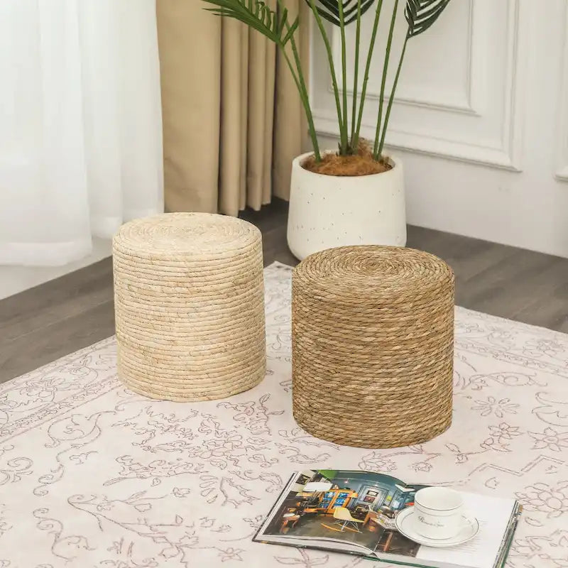 Adeco Lot de 2 poufs repose-pieds en quenouille naturelle tressée à la main
