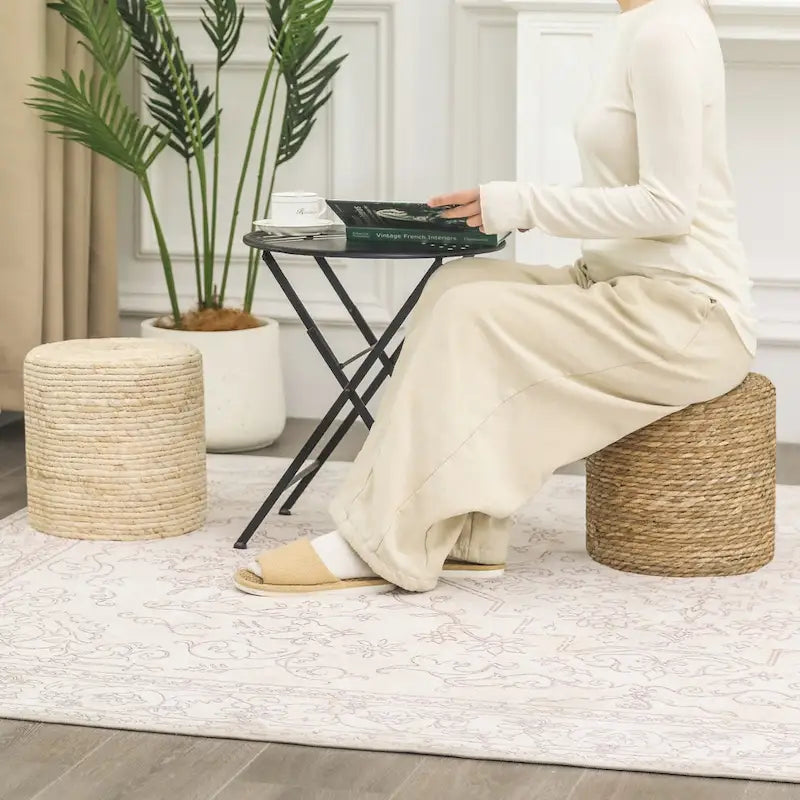Adeco Lot de 2 poufs repose-pieds en quenouille naturelle tressée à la main