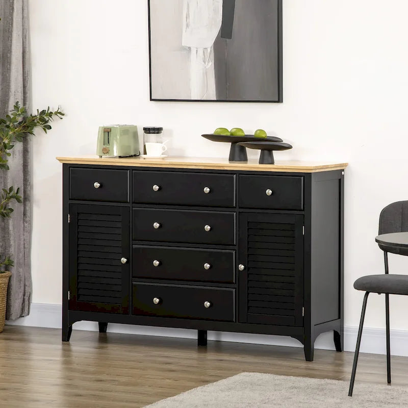 HOMCOM Buffet moderne avec tiroirs, meuble de rangement avec armoires de rangement, plateau en bois d'hévéa et étagères réglables, blanc