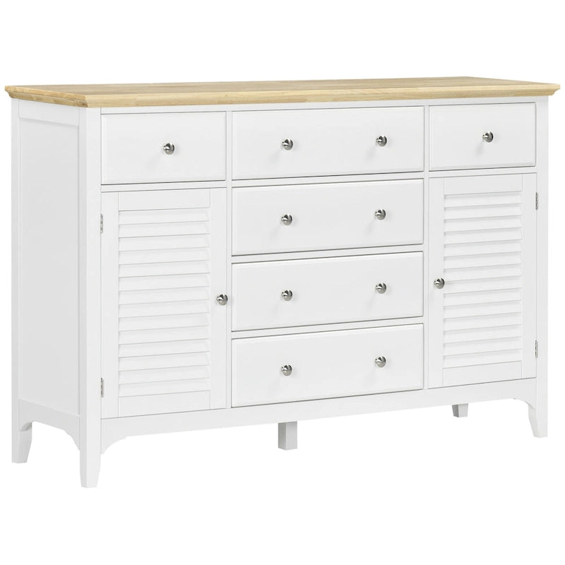 HOMCOM Buffet moderne avec tiroirs, meuble de rangement avec armoires de rangement, plateau en bois d'hévéa et étagères réglables, blanc