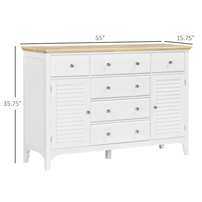 HOMCOM Buffet moderne avec tiroirs, meuble de rangement avec armoires de rangement, plateau en bois d'hévéa et étagères réglables, blanc