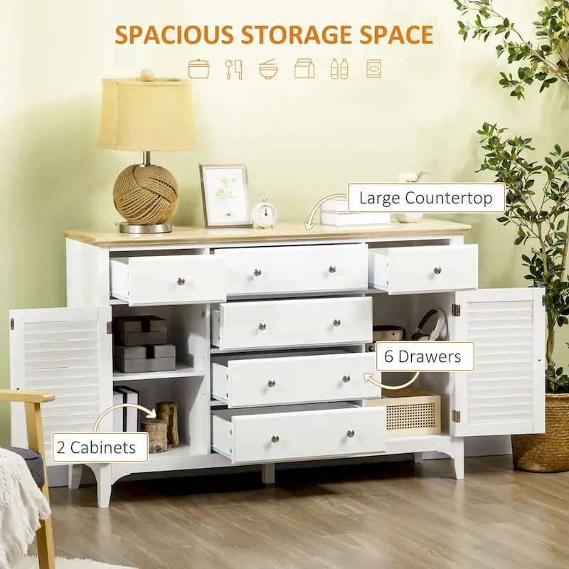 HOMCOM Buffet moderne avec tiroirs, meuble de rangement avec armoires de rangement, plateau en bois d'hévéa et étagères réglables, blanc
