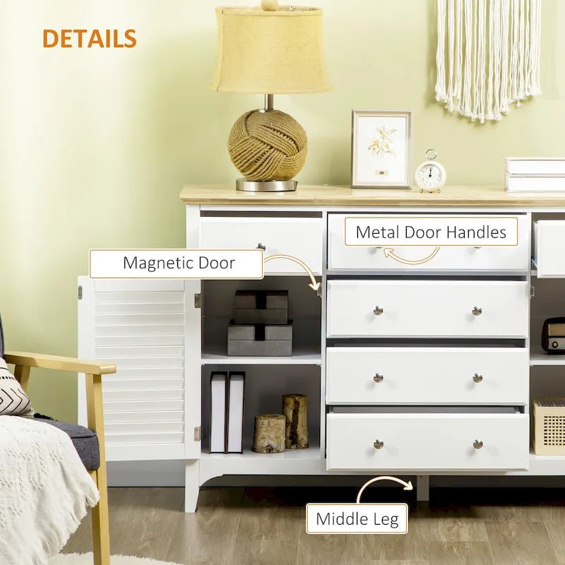 HOMCOM Buffet moderne avec tiroirs, meuble de rangement avec armoires de rangement, plateau en bois d'hévéa et étagères réglables, blanc