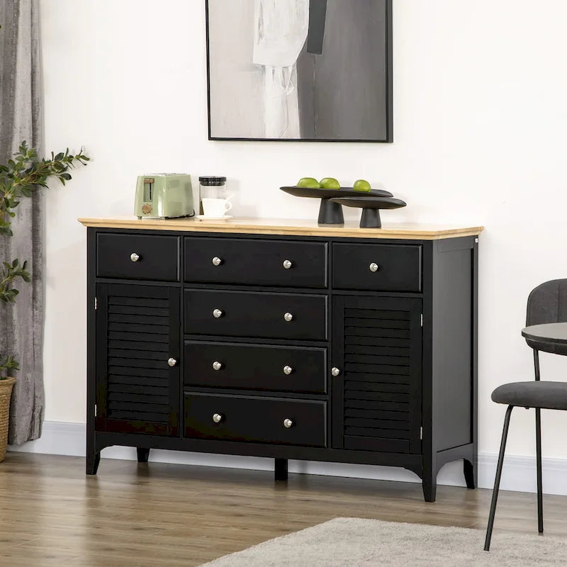 HOMCOM Buffet moderne avec tiroirs, meuble de rangement avec armoires de rangement, plateau en bois d'hévéa et étagères réglables, blanc