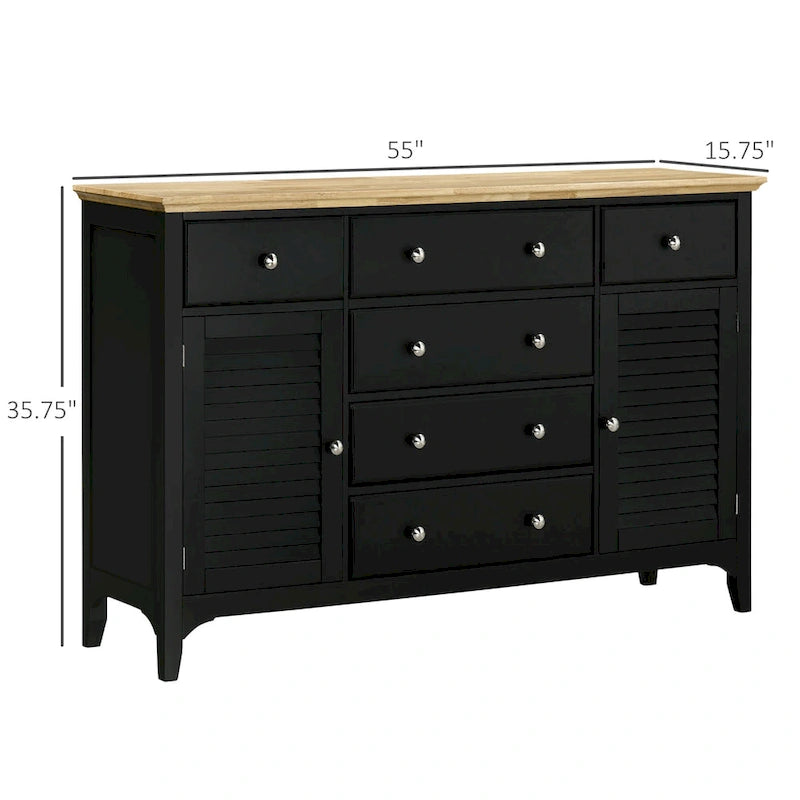 HOMCOM Buffet moderne avec tiroirs, meuble de rangement avec armoires de rangement, plateau en bois d'hévéa et étagères réglables, blanc