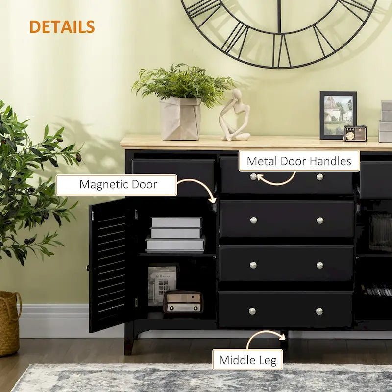 HOMCOM Buffet moderne avec tiroirs, meuble de rangement avec armoires de rangement, plateau en bois d'hévéa et étagères réglables, blanc