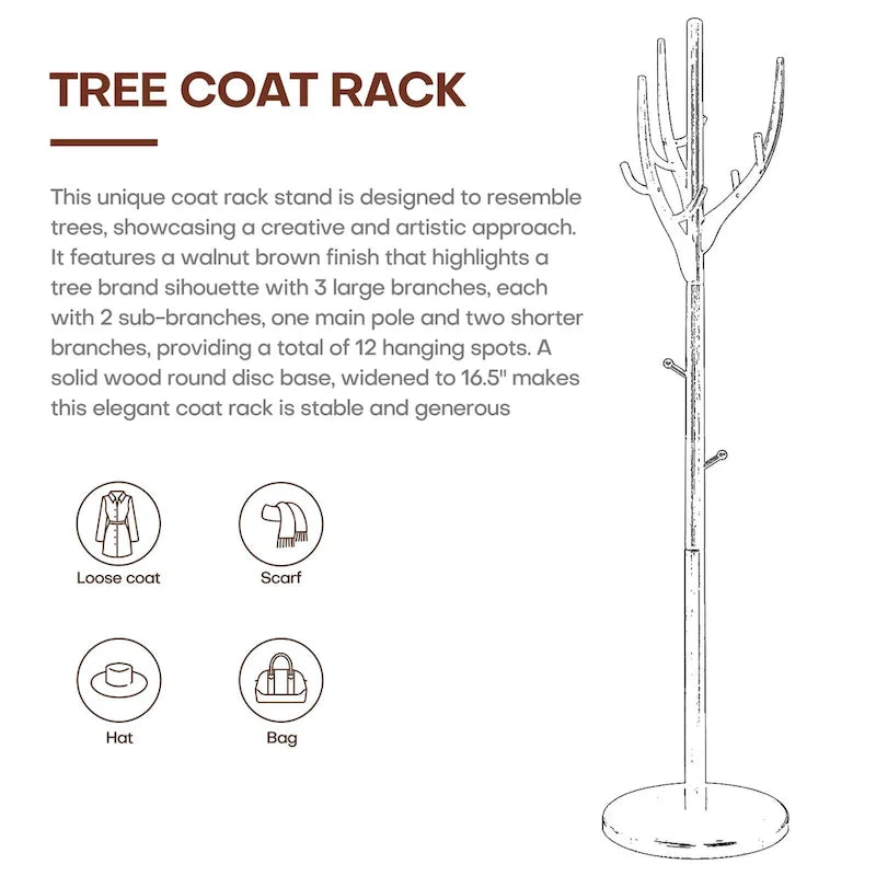 Porte-manteau sur pied en bois d'hévéa avec branches ajustables – 42 cm (diam.) x 182 cm (H)