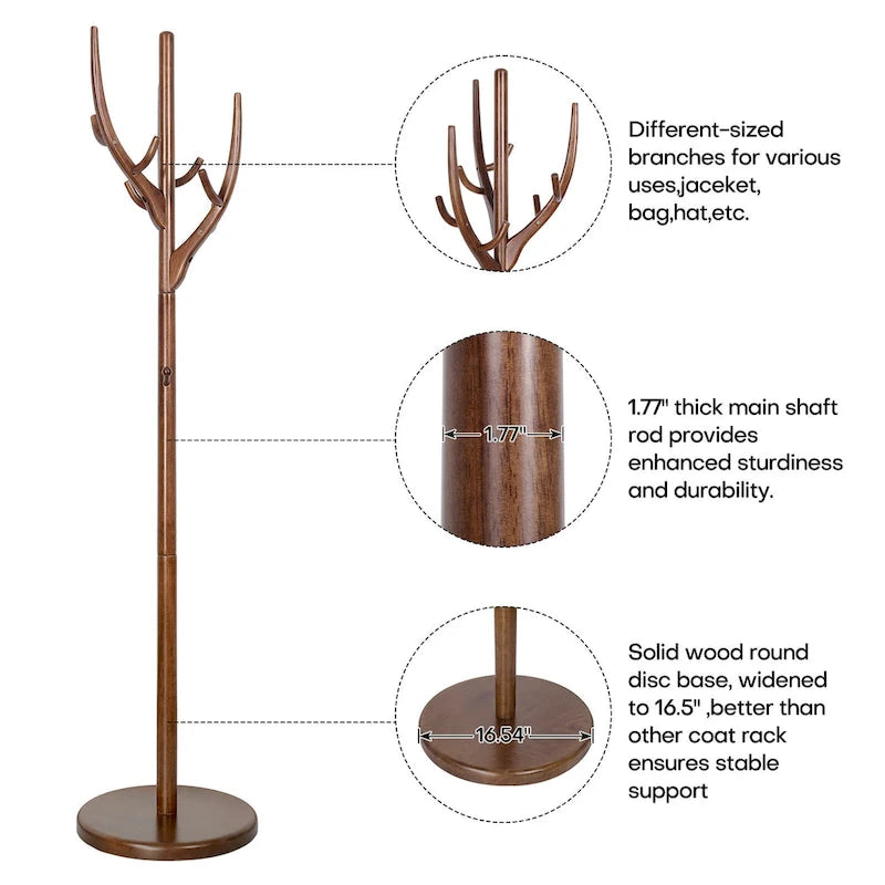 Porte-manteau sur pied en bois d'hévéa avec branches ajustables – 42 cm (diam.) x 182 cm (H)