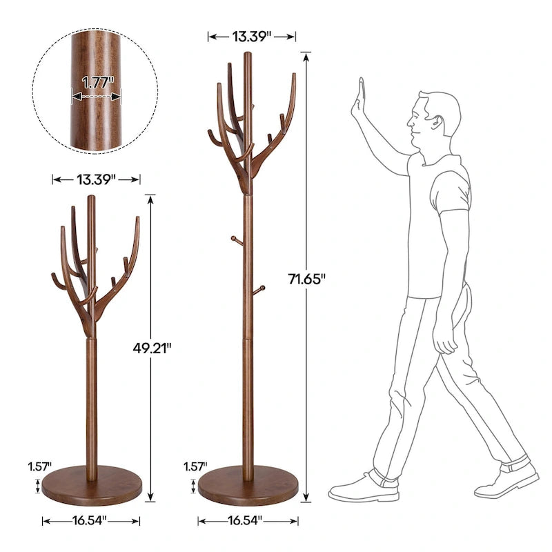 Porte-manteau sur pied en bois d'hévéa avec branches ajustables – 42 cm (diam.) x 182 cm (H)
