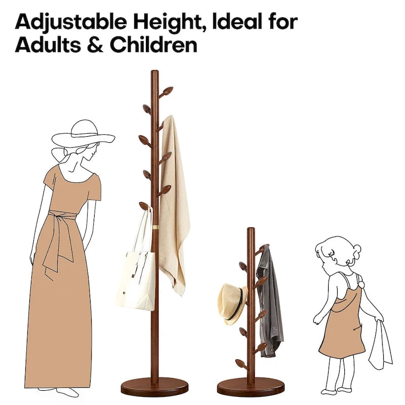 Porte-manteau sur pied en bois d'hévéa, porte-manteau avec 8 crochets en forme de bourgeon - 40 cm (diamètre) x 184 cm (hauteur)