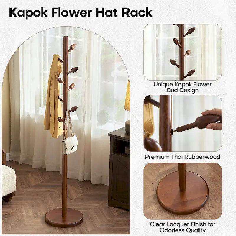 Porte-manteau sur pied en bois d'hévéa, porte-manteau avec 8 crochets en forme de bourgeon - 40 cm (diamètre) x 184 cm (hauteur)