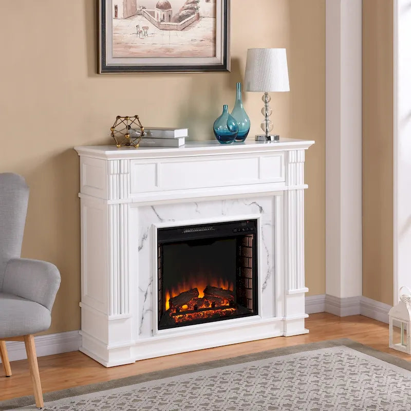 Cheminée électrique Occom SEI Furniture avec manteau en faux marbre et rangement média