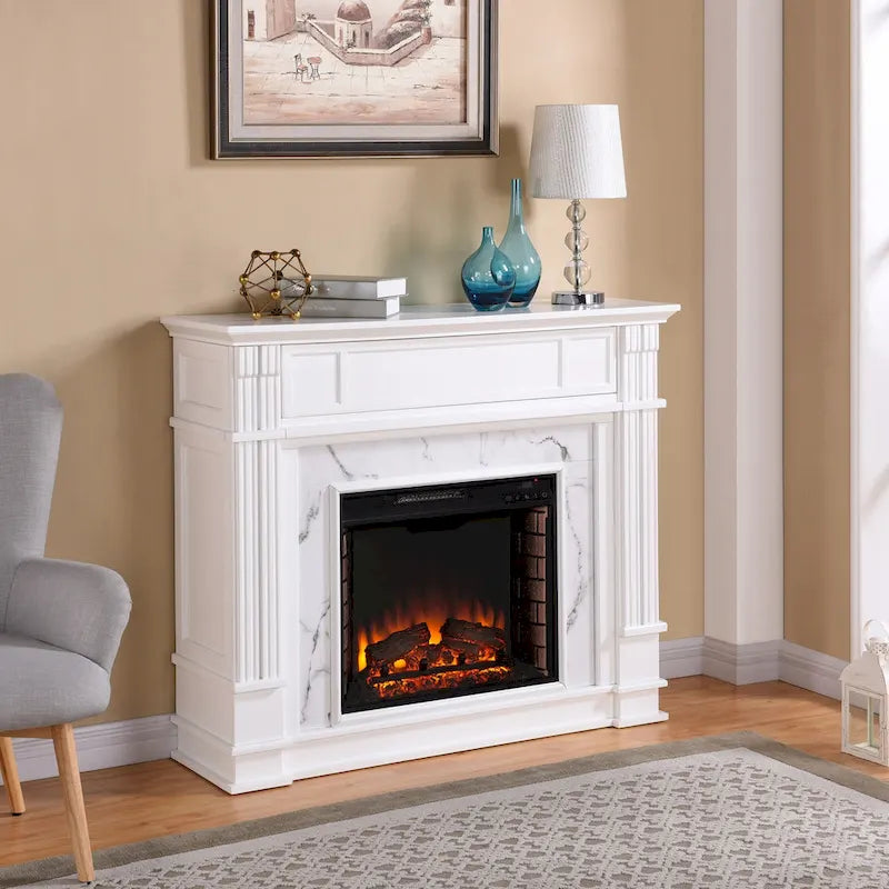 Cheminée électrique Occom SEI Furniture avec manteau en faux marbre et rangement média
