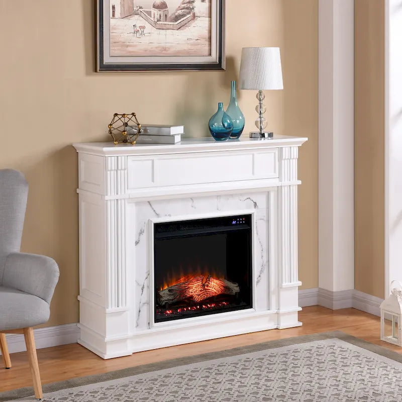 Cheminée électrique Occom SEI Furniture avec manteau en faux marbre et rangement média