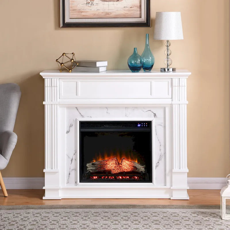 Cheminée électrique Occom SEI Furniture avec manteau en faux marbre et rangement média