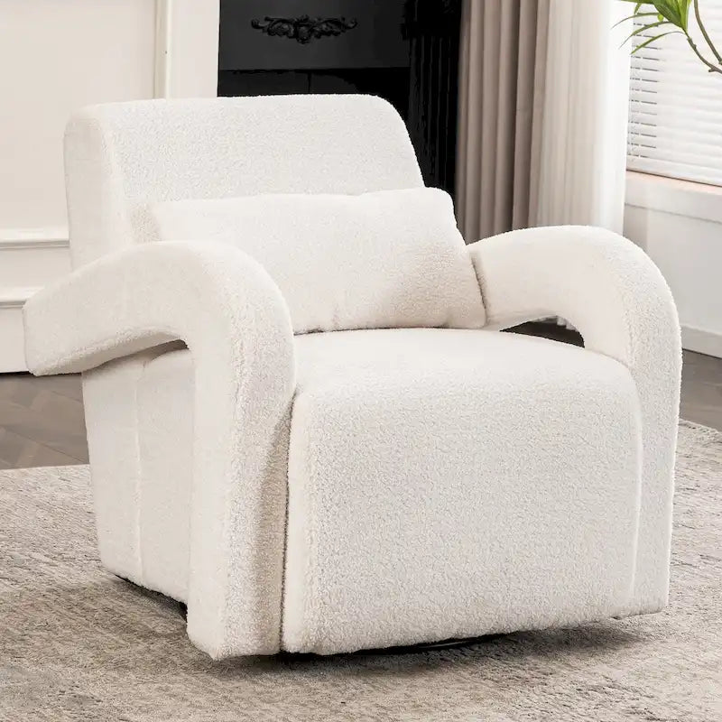 Fauteuil douillet en tissu Teddy blanc – Chaise longue moderne et robuste avec accoudoirs incurvés et épais rembourrage pour un confort moelleux