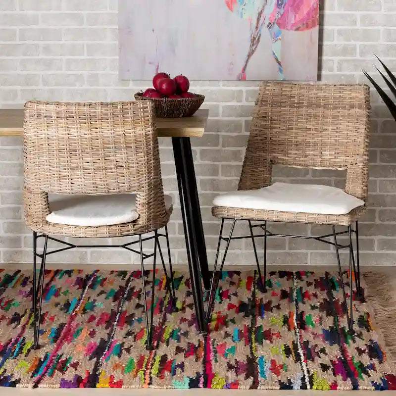 Ensemble de 2 chaises de salle à manger Nafaro en rotin bohème/métal avec coussin