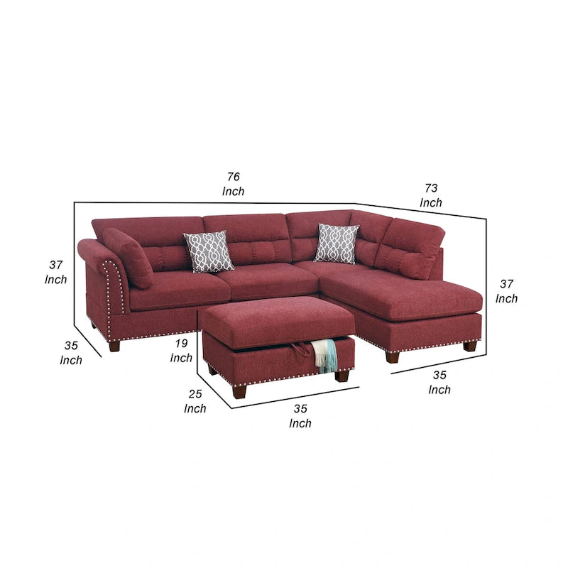 Canapé d'angle 3 places avec méridienne réversible et pouf, rouge