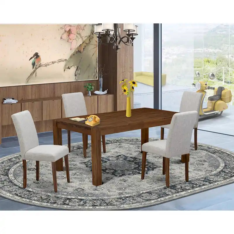 East West Furniture Ensemble de salle à manger – Une table de cuisine en bois et 4 chaises de salle à manger en tissu de lin Doeskin, Naturel (Options de pièces)