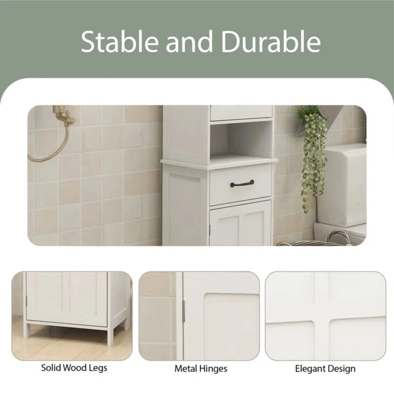 64.96Meuble de Rangement Haut et Étroit, Meuble Autoportant Fin de Salle de Bain avec Deux Portes pour Salle de Bain, Blanc