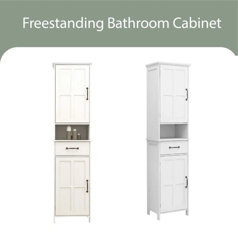64.96Meuble de Rangement Haut et Étroit, Meuble Autoportant Fin de Salle de Bain avec Deux Portes pour Salle de Bain, Blanc
