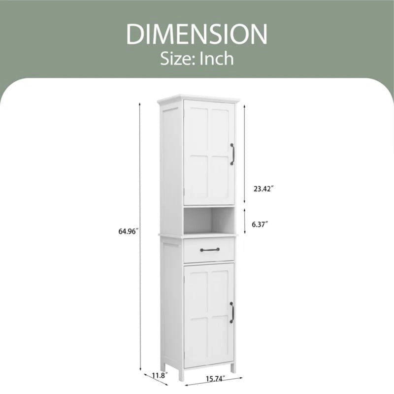 64.96Meuble de Rangement Haut et Étroit, Meuble Autoportant Fin de Salle de Bain avec Deux Portes pour Salle de Bain, Blanc