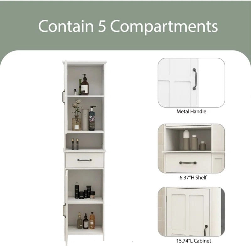 64.96Meuble de Rangement Haut et Étroit, Meuble Autoportant Fin de Salle de Bain avec Deux Portes pour Salle de Bain, Blanc