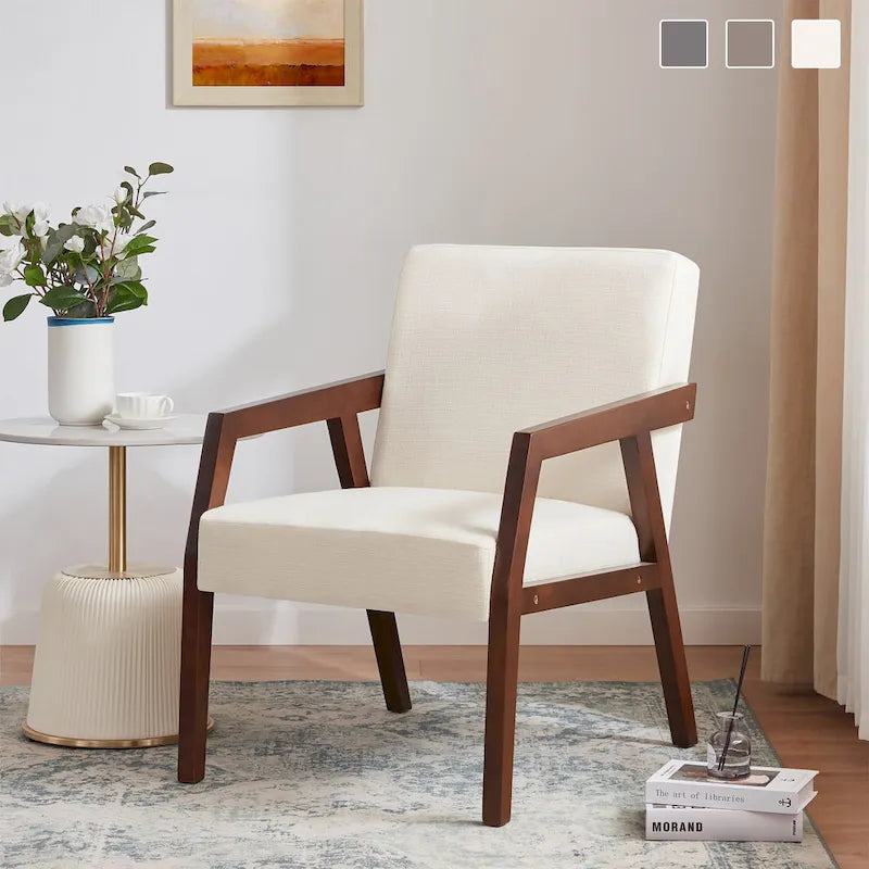 Fauteuil d'appoint HUIMO en bois massif marron/blanc/bleu, rembourré, de style moderne du milieu du siècle pour salon, chambre à coucher