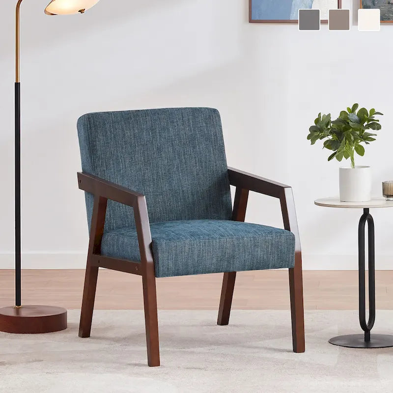 Fauteuil d'appoint HUIMO en bois massif marron/blanc/bleu, rembourré, de style moderne du milieu du siècle pour salon, chambre à coucher
