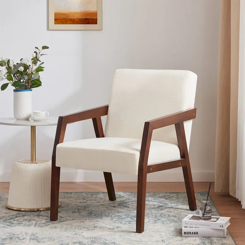Fauteuil d'appoint HUIMO en bois massif marron/blanc/bleu, rembourré, de style moderne du milieu du siècle pour salon, chambre à coucher