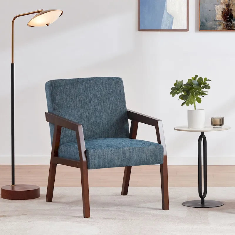 Fauteuil d'appoint HUIMO en bois massif marron/blanc/bleu, rembourré, de style moderne du milieu du siècle pour salon, chambre à coucher